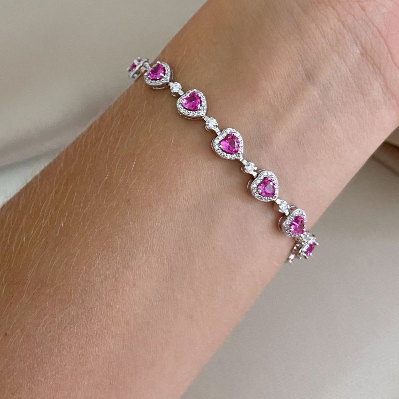 Pulseira Prata Coração Cravejada Rosa 3mm