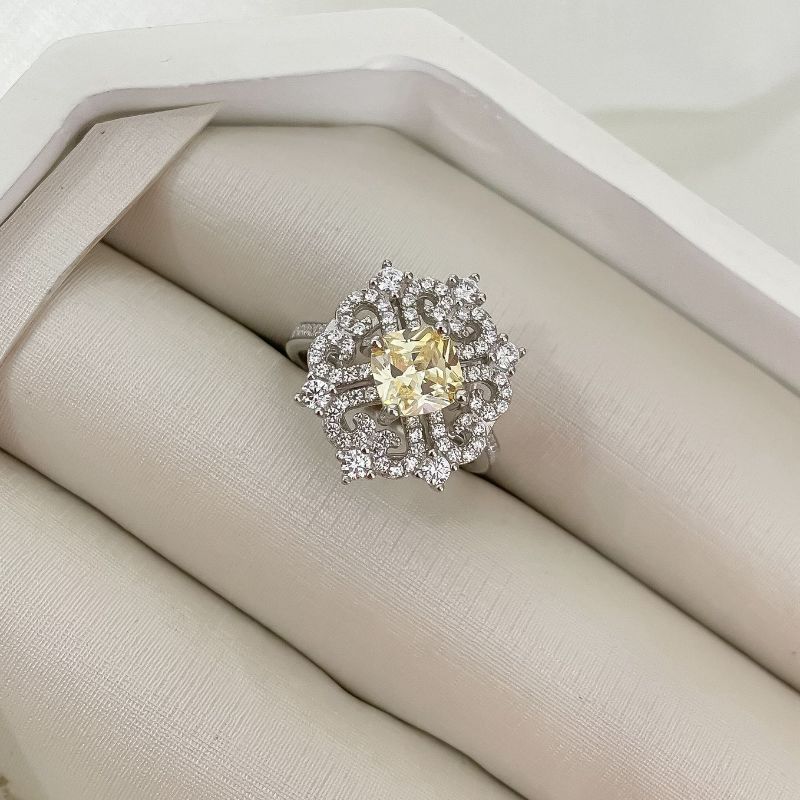 Anel Prata Flor Cravejada Pedra Amarela 8mm