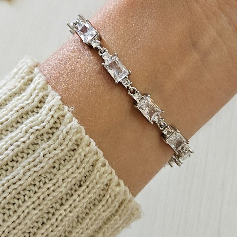 Pulseira Prata Pedra Retangular Cristal