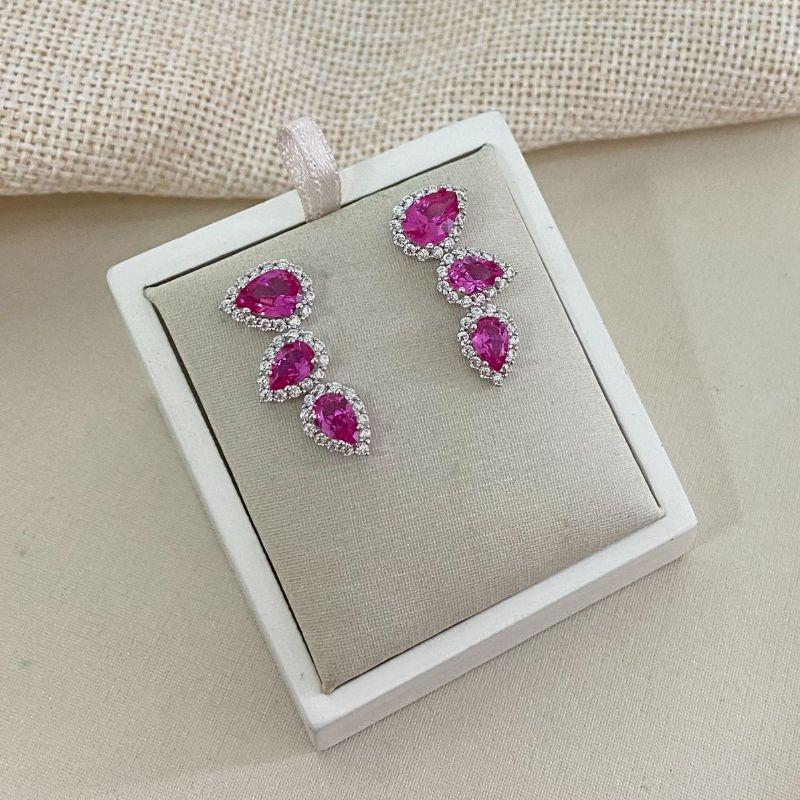 Brinco Prata Earcuff 3p Rosa Cravejada