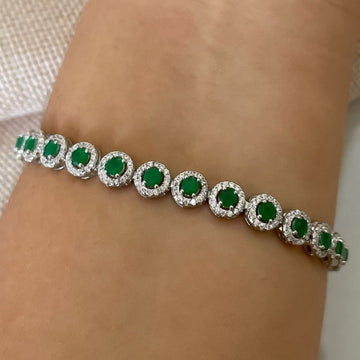 Pulseira Prata Pedra Verde 3mm Cravejada 17cm