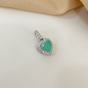 Pingente Prata Coração Verde Claro Cravejado 10x8mm