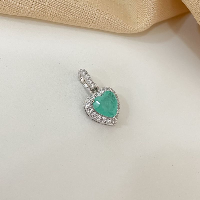 Pingente Prata Coração Verde Claro Cravejado 10x8mm