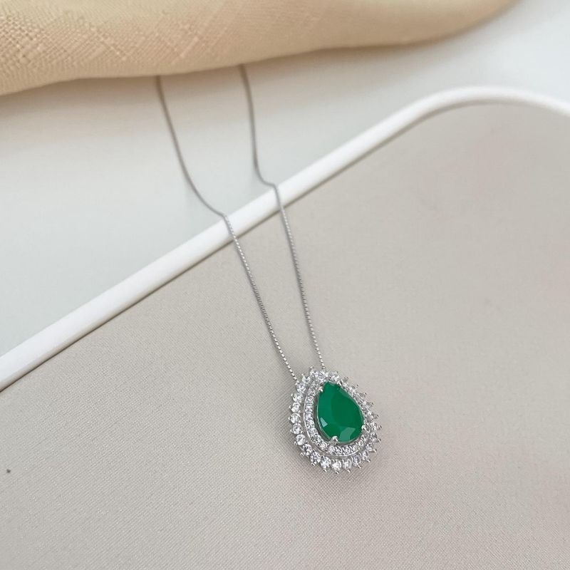 Gargantilha Prata Gota Verde 2f 7mm 45 Cm Cravejada