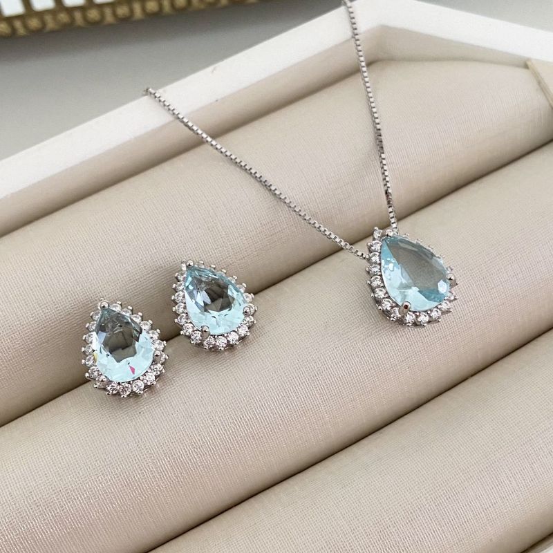 Conjunto Prata Gota Azul Clarinho 7 8mm
