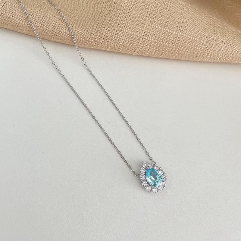 Gargantilha Prata Gota Azul Claro/Cristal 9x7mm