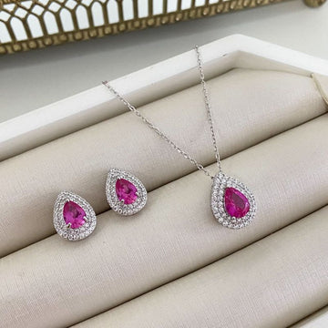 Conjunto Prata Gota Rosa 2f Cravejado