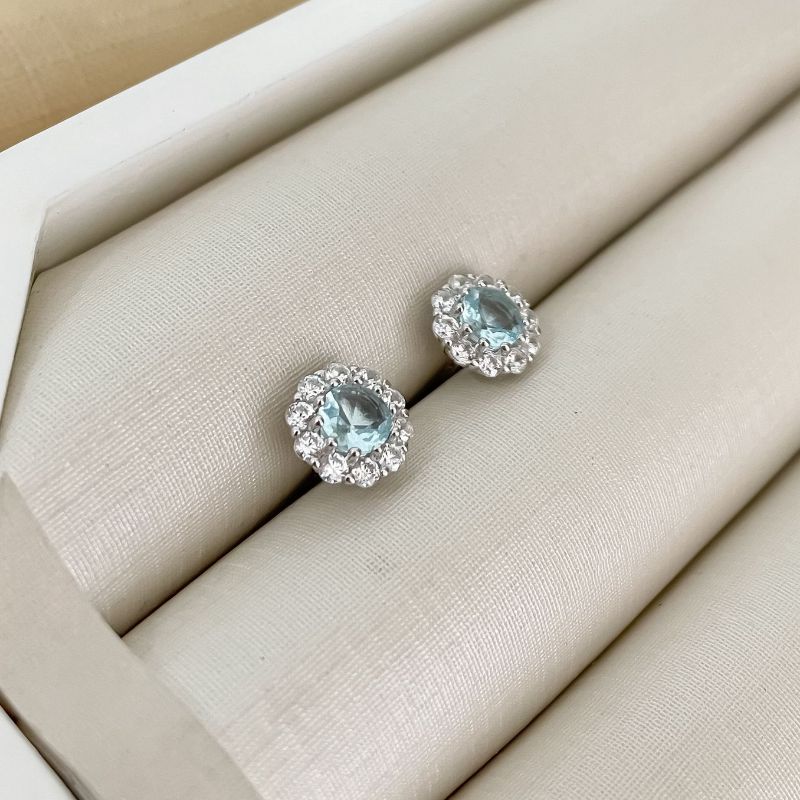 Brinco Prata Flor Azul Cristal 4mm