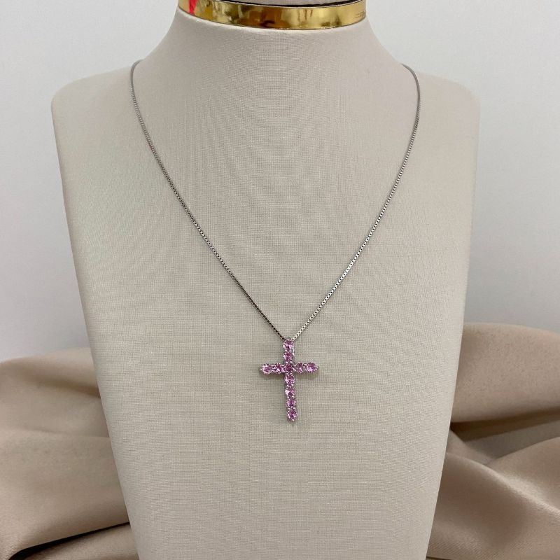 Gargantilha Prata Cruz Pedras Rosa