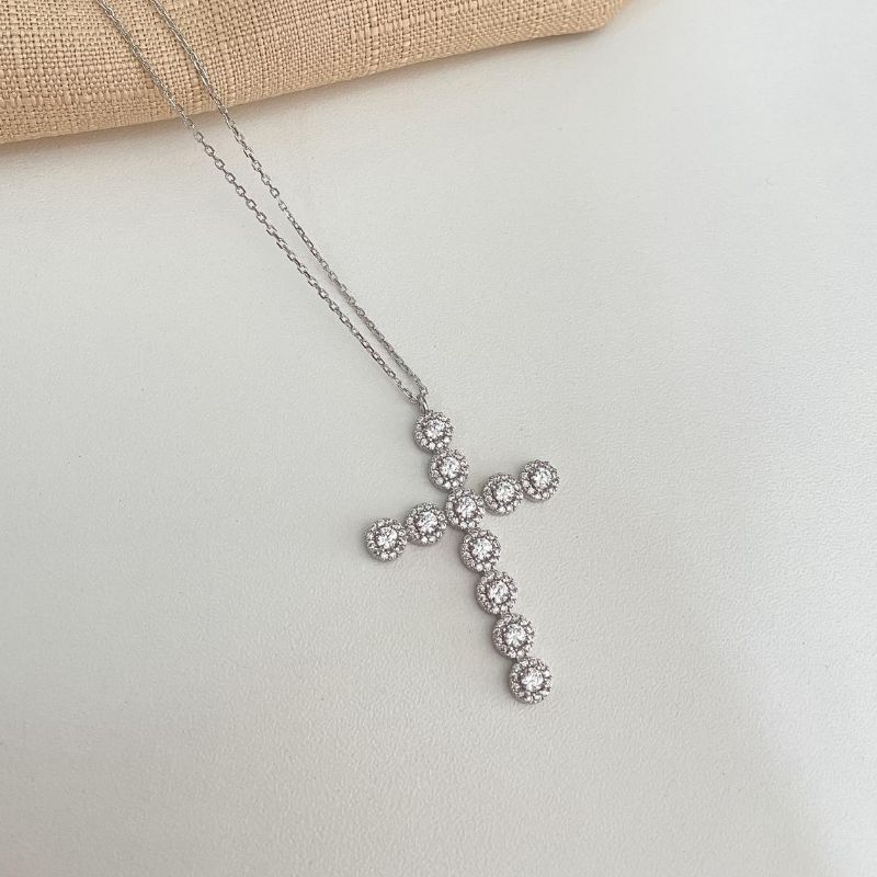 Gargantilha Prata Cruz Cristal Cravejada 3mm