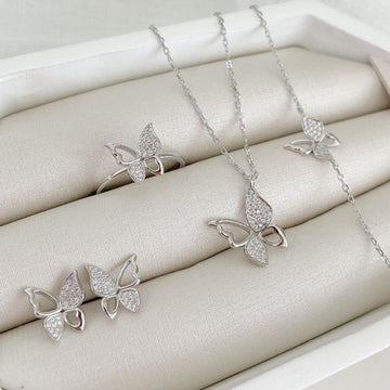 Conjunto Prata Borboleta Cravejado Liso