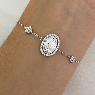 Pulseira Prata N Senhora/Flor 1mm 17cm Cravejada