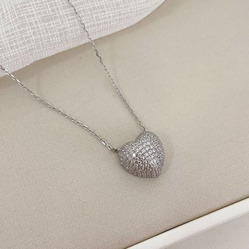 Gargantilha Prata Coração Cristal 14mm 45cm
