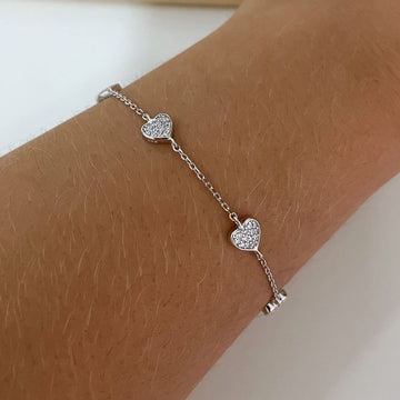 Pulseira Prata 5 Corações Cravejada 1mm 17cm