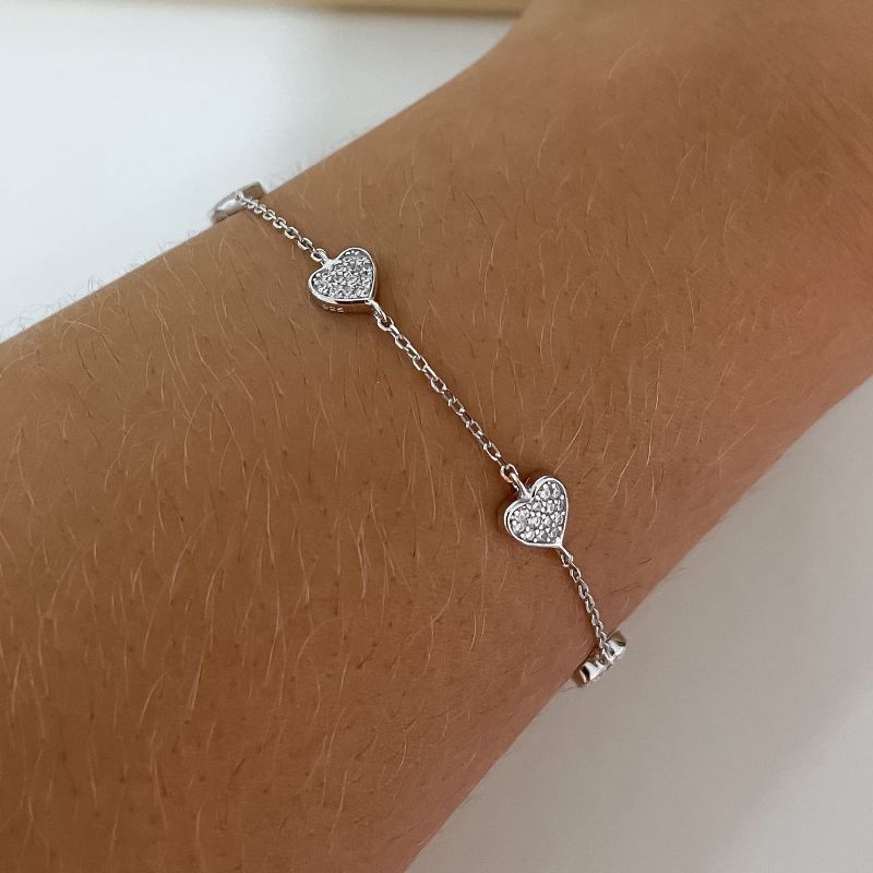 Pulseira Prata 5 Corações Cravejada 1mm 17cm