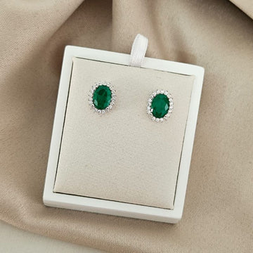 Brinco Prata Pedra Verde Cravejado