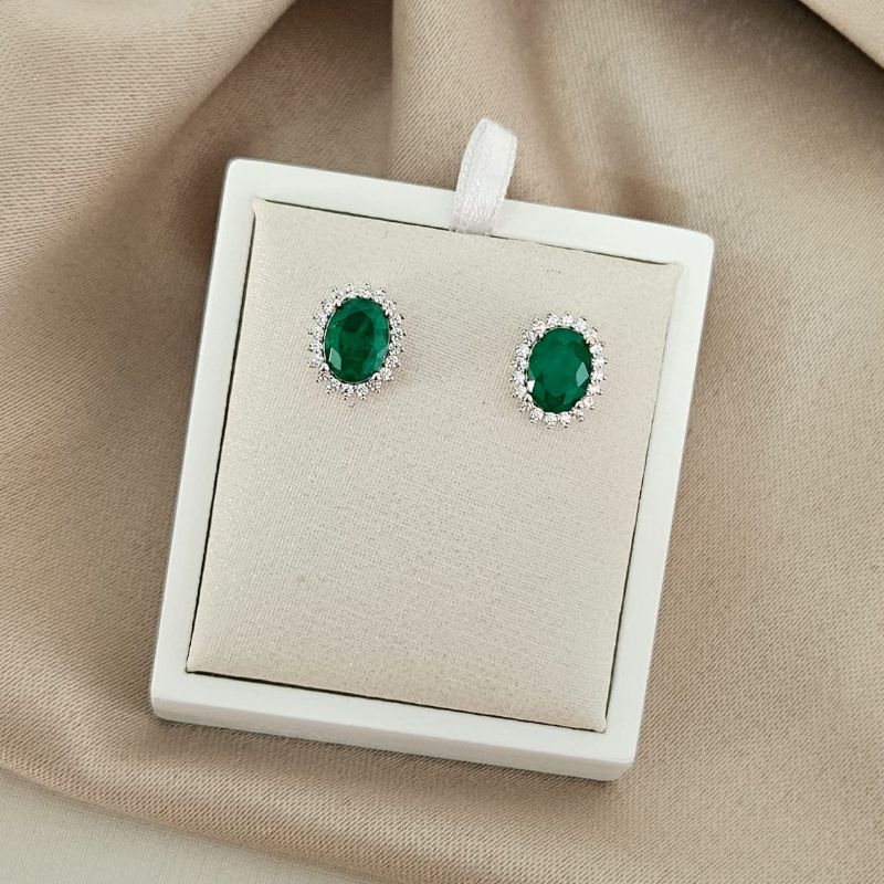 Brinco Prata Pedra Verde Cravejado