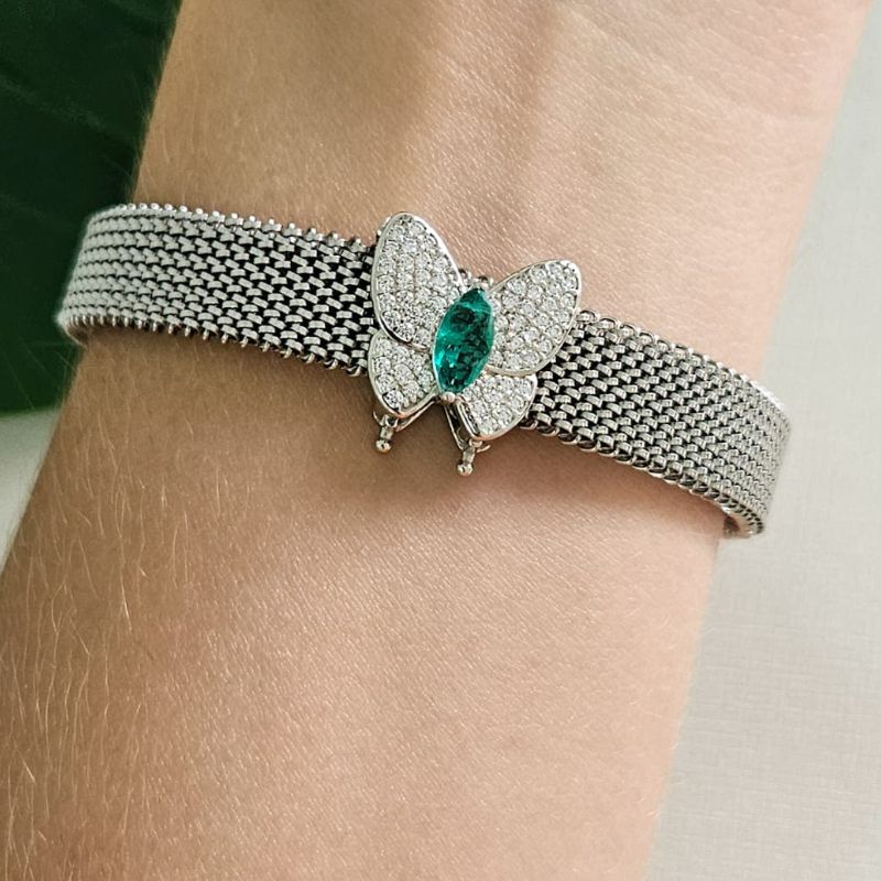 Pingente Prata Pulseira Borboleta Verde