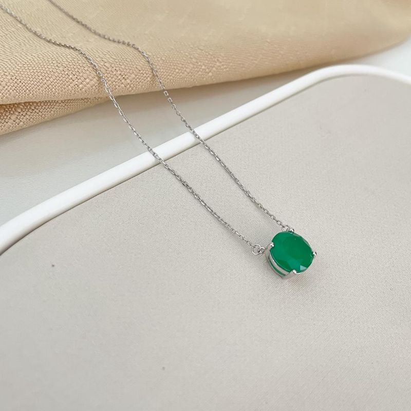 Gargantilha Prata Pedra Verde 10mm 45cm