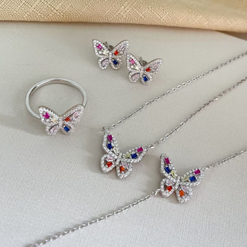 Conjunto Prata Borboleta Colorida