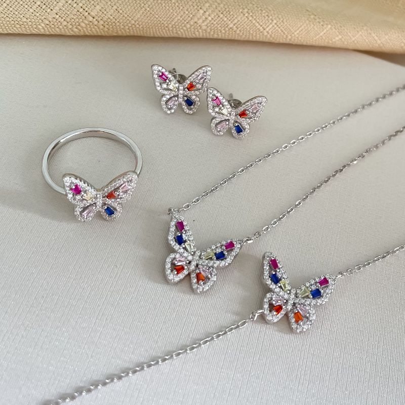Conjunto Prata Borboleta Colorida