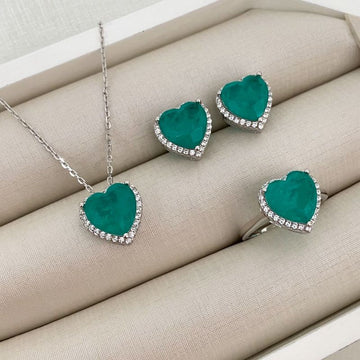 Conjunto Prata Coração Verde Cravejado
