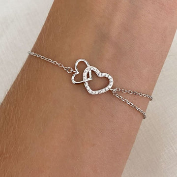 Pulseira Prata 2 Corações Crav/Liso