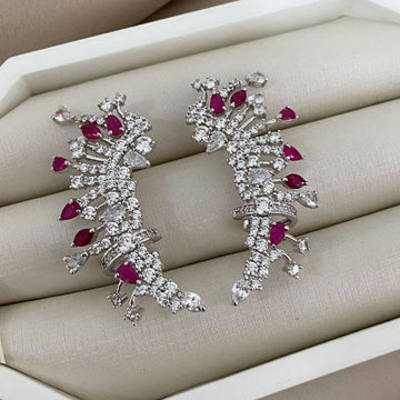 Brinco Prata Earcuff Pedras Rosa/Cristais