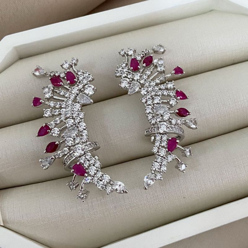 Brinco Prata Earcuff Pedras Rosa/Cristais