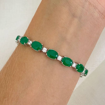 Pulseira Prata Pedra Oval Verde/Cristal 6mm