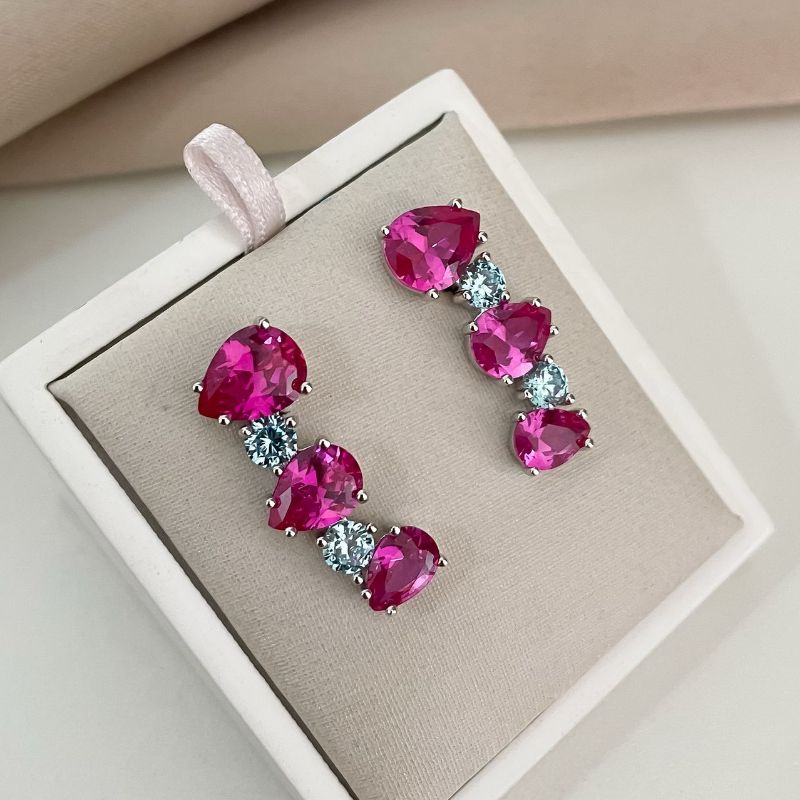 Brinco Prata Eartcuff Rosa Azul Claro