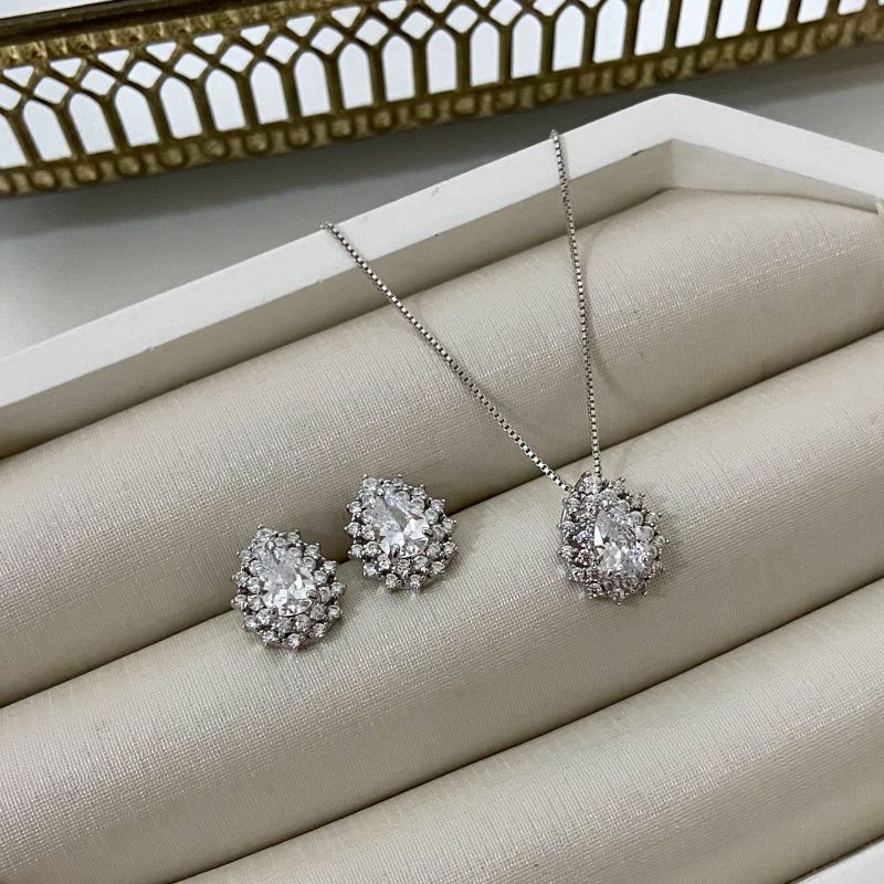 Conjunto Prata Gota em Pedras 5mm 45 Cm