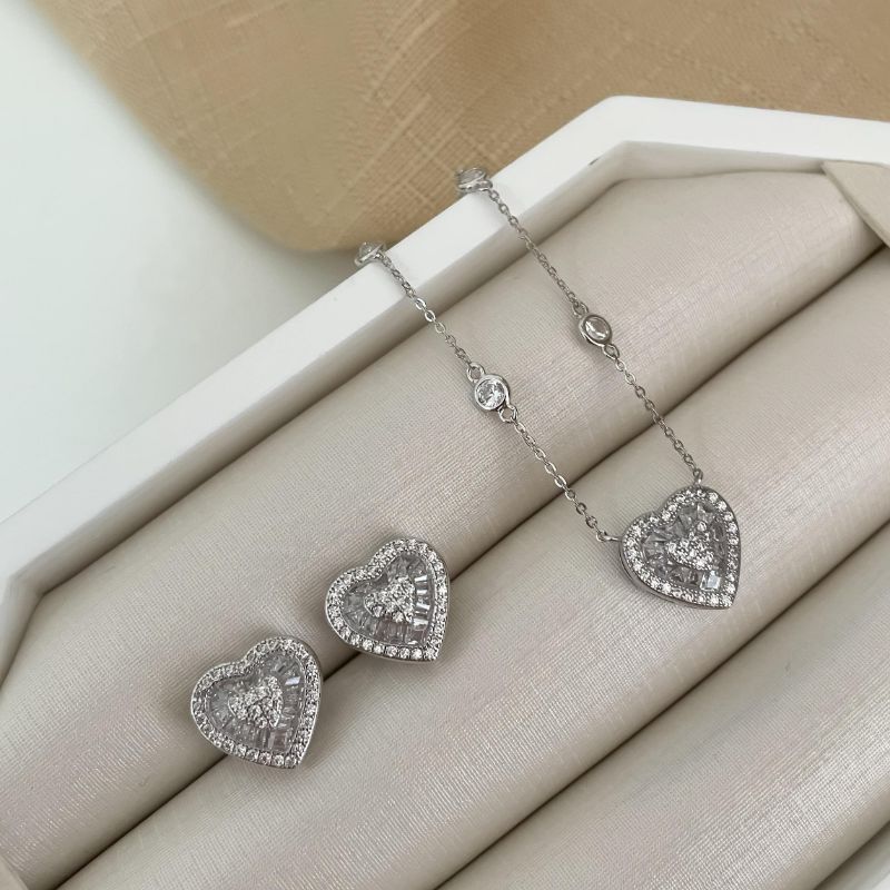 Conjunto Prata Coração Cravejado 45cm