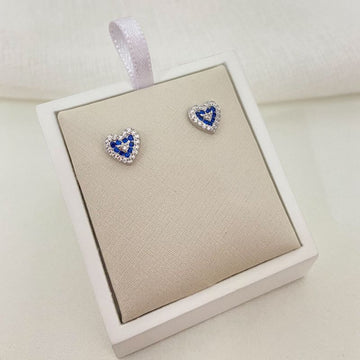 Brinco Prata Coração Cravejado Azul