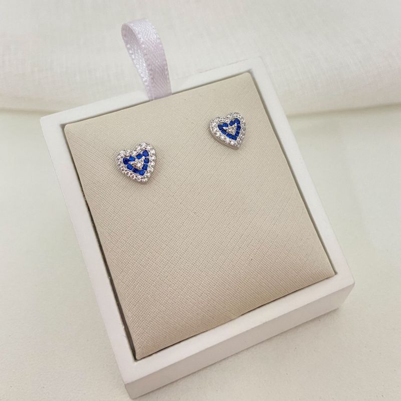 Brinco Prata Coração Cravejado Azul