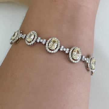 Pulseira Prata Pedra Oval Amarela 6mm 17cm