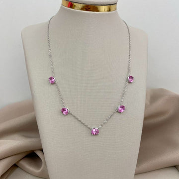 Gargantilha Prata 5 Pedras Rosa