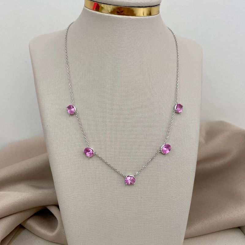 Gargantilha Prata 5 Pedras Rosa