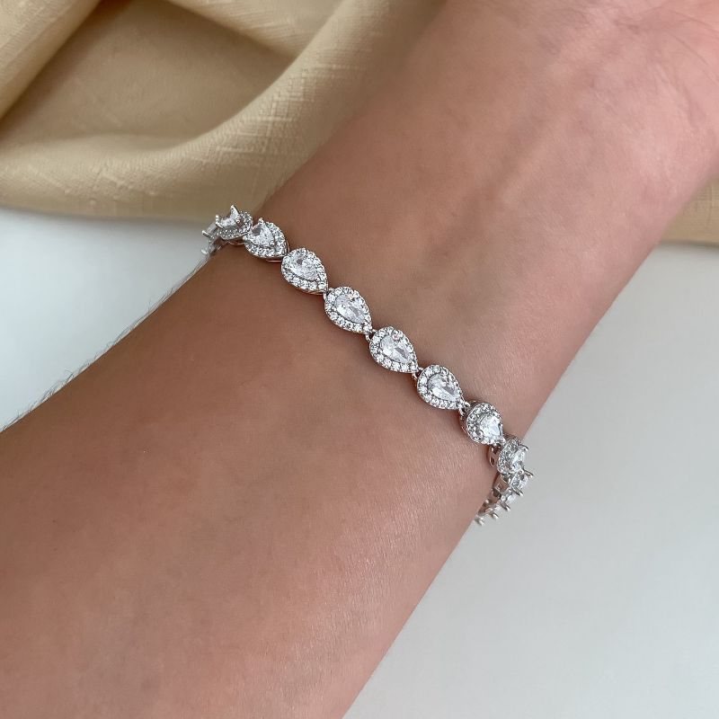 Pulseira Prata Gota Cristal Cravejada 17cm 3mm