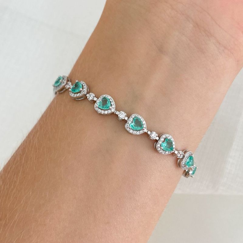 Pulseira Prata Coração Verde Claro Cravejado