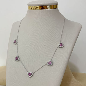 Gargantilha Prata 5 Corações Rosa 2mm