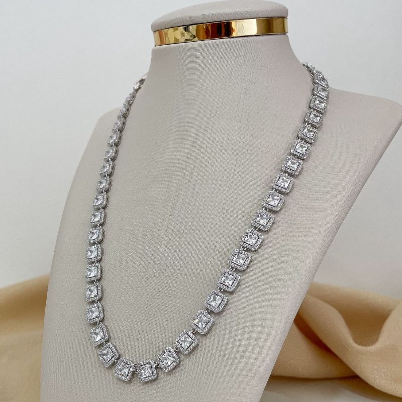 Gargantilha Prata Cristal Quadrado Cravejada 40cm 4mm