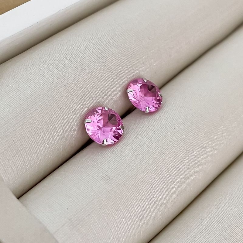 Brinco Prata Ponto de Luz Rosa 8mm