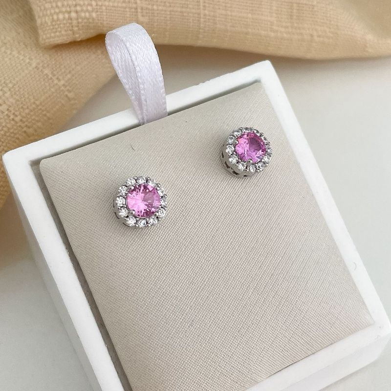 Brinco Prata Pedra Rosa Cravejada
