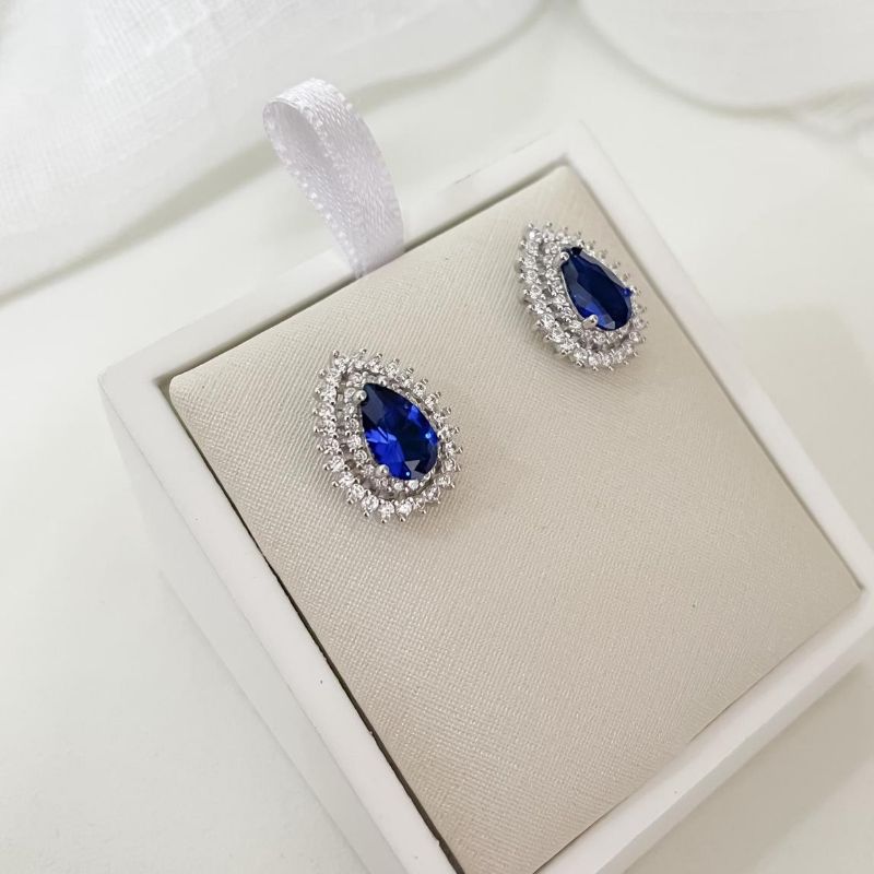 Brinco Prata Gota Azul Escura 5mm