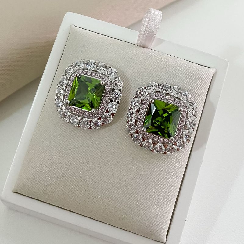 Brinco Prata 1 Pedra Verde Escuro Cravejado