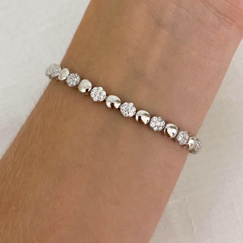 Pulseira Prata Flor Cravejada Liso