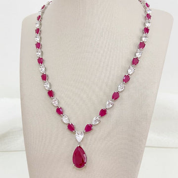 Gargantilha Prata Gota Rosa/Cristal 10mm 42cm