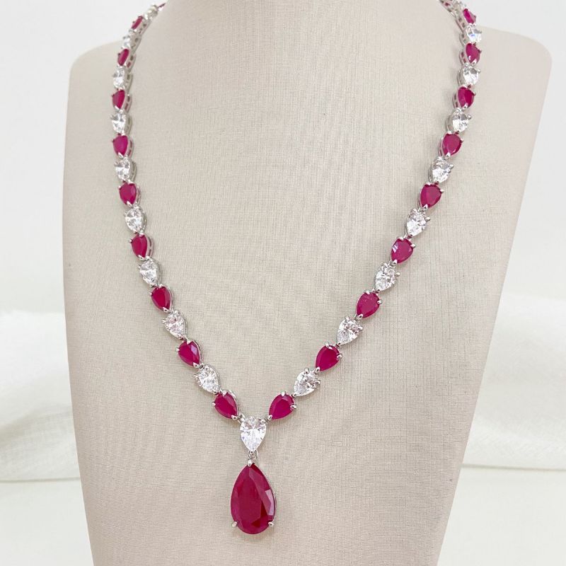 Gargantilha Prata Gota Rosa/Cristal 10mm 42cm
