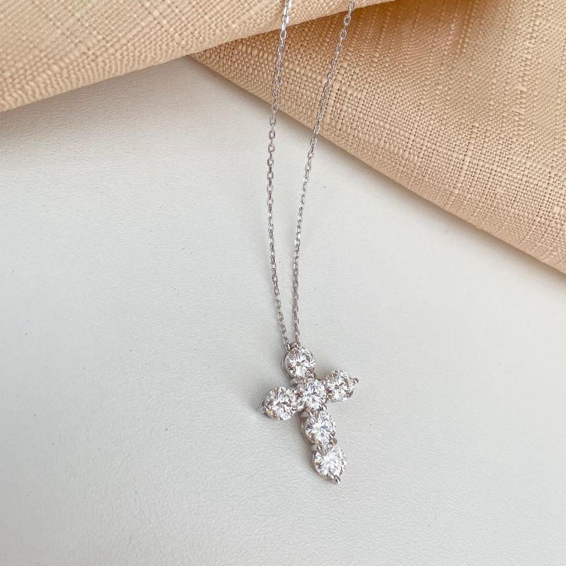 Gargantilha Prata Cruz em Pedras 45cm 5mm Moissanite